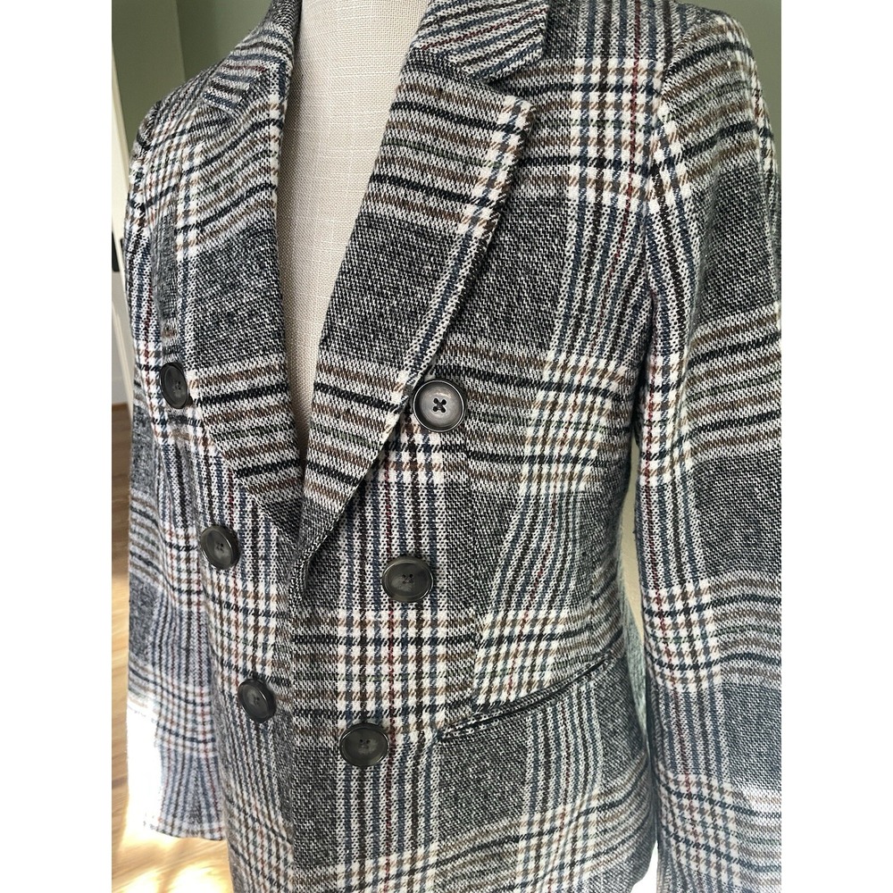 Jones New York Plaid Blazer Double Breasted Tailored Jacket Academic Navy XS